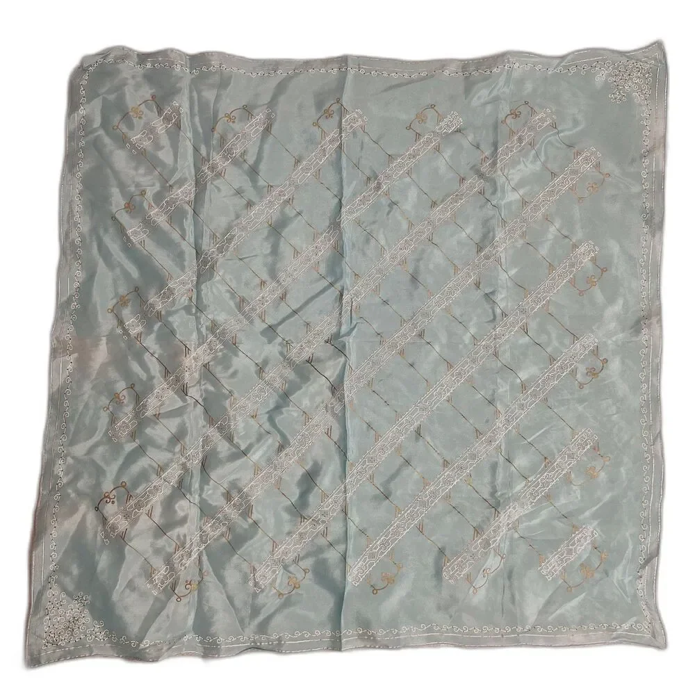 Silk Hand Screened and Rolled Light Blue Scarf 31